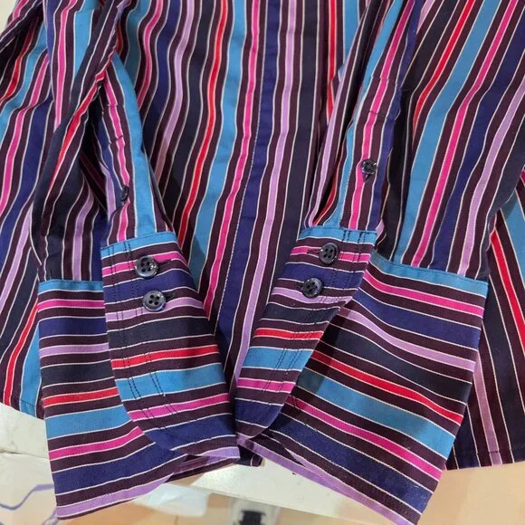 Faconnable Womens ButtonUp Shirt Sz 42 Medium Striped Multi Colorful Silky Retro - Picture 5 of 9